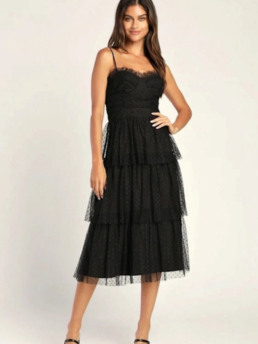 Lulus “Sweetheart Style Black Polka Dot Bustier Midi Dress NWT